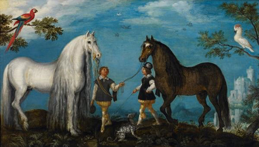Roelant Savery, Twee paarden en hun begeleiders, 1628, Stedelijke collectie, Abby Kortrijk
